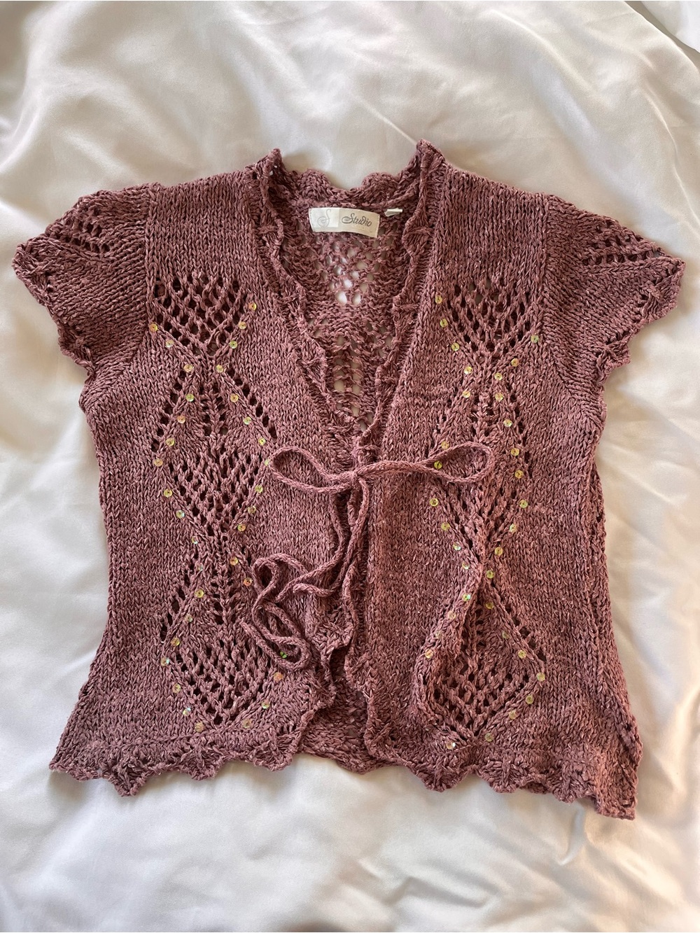 Studio Dusty Rose Open-Knit Tie-Front Short Sleeve Cardigan